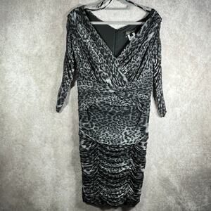 Tadashi Shoji Dress Womens Large Gray Leopard Print Ruched Sheath Cocktail Party